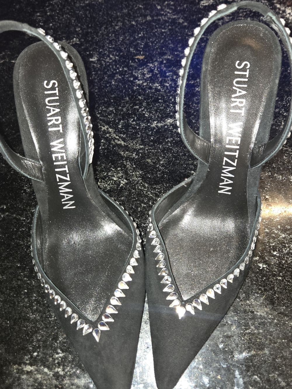 Stuart Weitzman Black Pointed Slingback Heels with Silver Stud Detailing